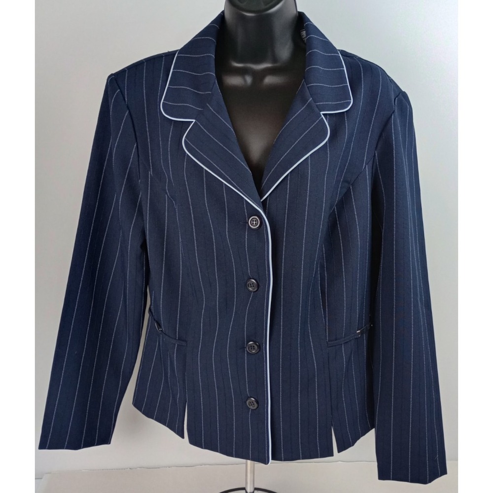 Melissa Harper Women's 14 Navy‎ Blue Pinstripe Jacket Blazer Silver Buckles